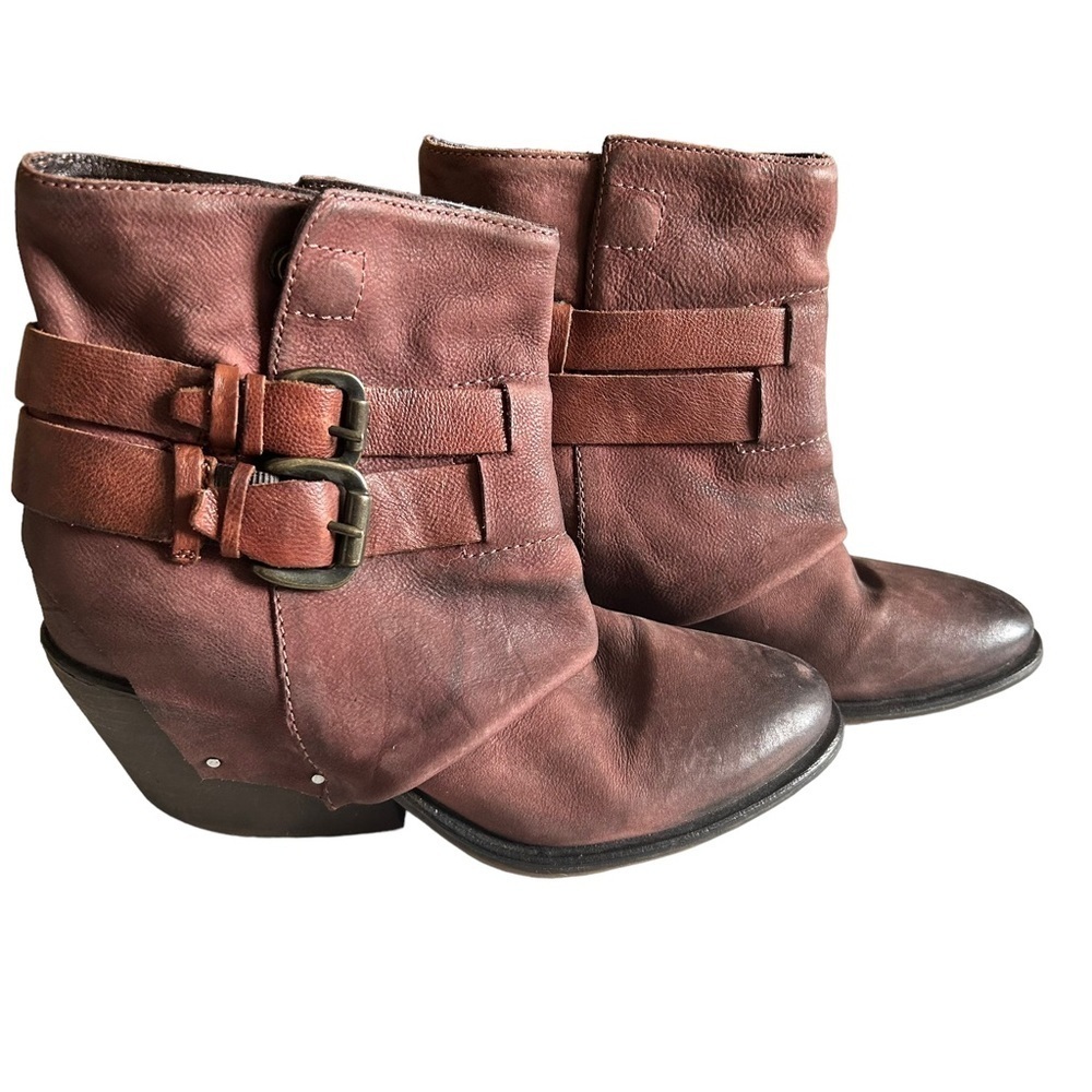 Sheridan Mia Brown Block Heel Nubuck Leather Buckle Womens Ankle Bootie Size 8